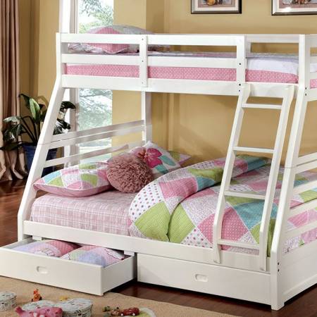 CALIFORNIA III Twin/Full Bunk Bed w/ 2 Drawers in White Finish 